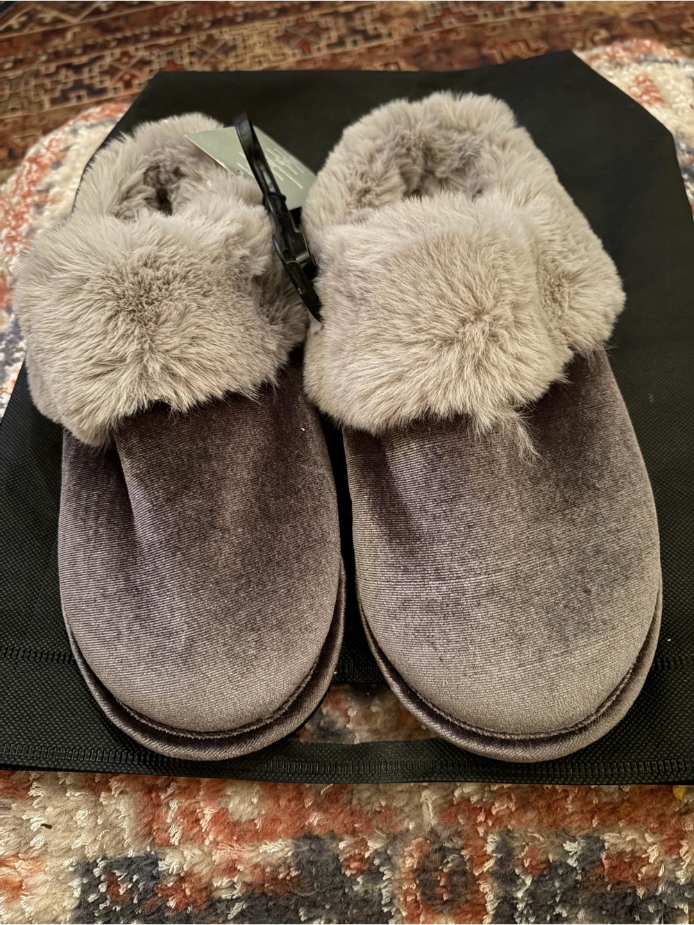 H&M Gray Velour Faux-Fur Cuff Slippers